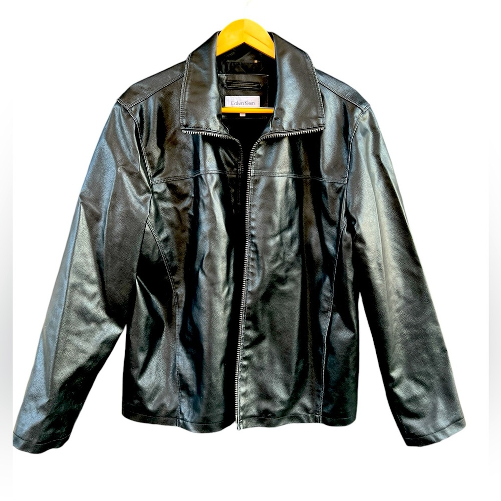 Leather Calvin Klein Classic Jacket, Collared Zipper, Pockets, Black, Men’s Lg